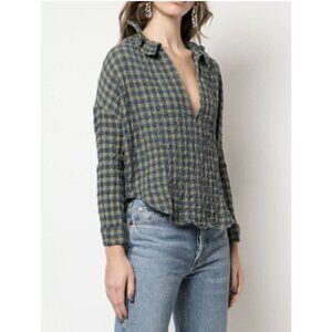 A‎ Shirt Thing Penelope Gingham Shirt in Navy/Green Size Med/LG Crinkle long slv
